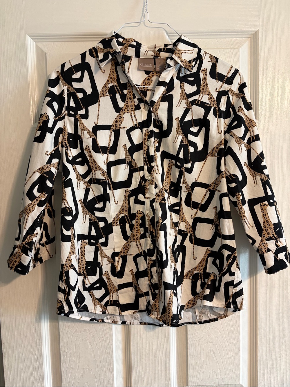 Chico's NXG Geometric Animal Print Cotton Stretch Button Front Blouse - Size 1